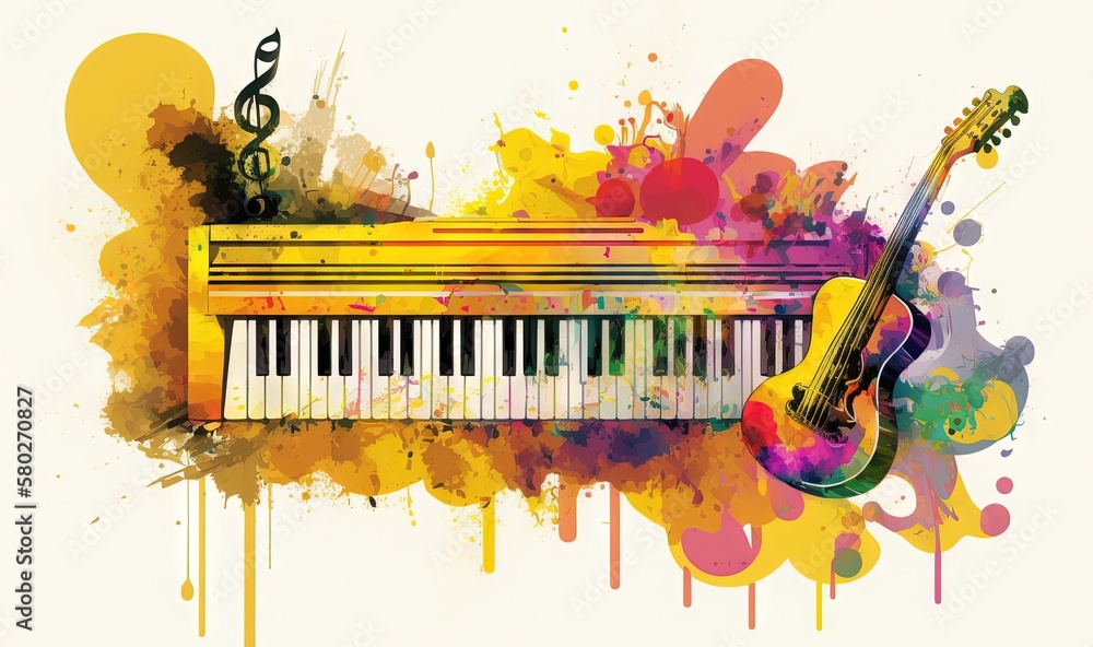Poster a musical instrument with a colorful splash of paint and music notes on the side of it, with a guita