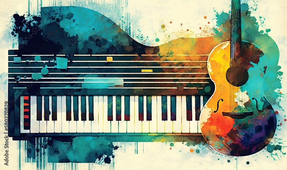 Poster an abstract painting of a guitar and a piano keyboard with a splash of paint on the background of th