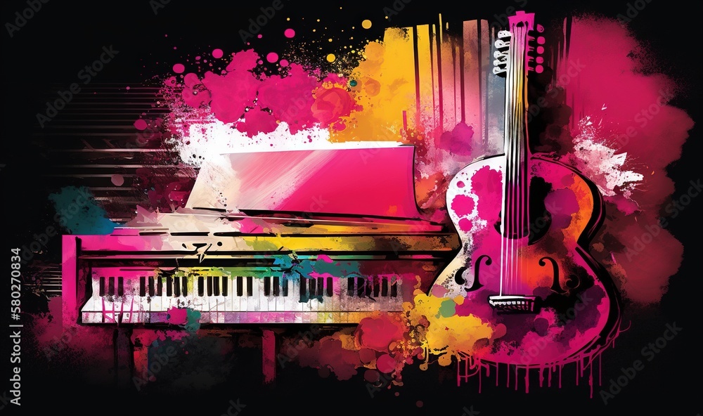 Poster a piano and a guitar with a splash of paint on the background of the image of a piano and a piano wi