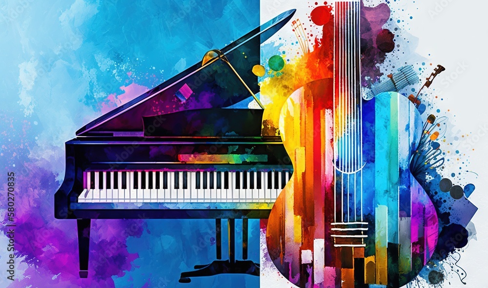 Poster a piano and a guitar with a splash of paint on the background of the image is a multicolored backgro