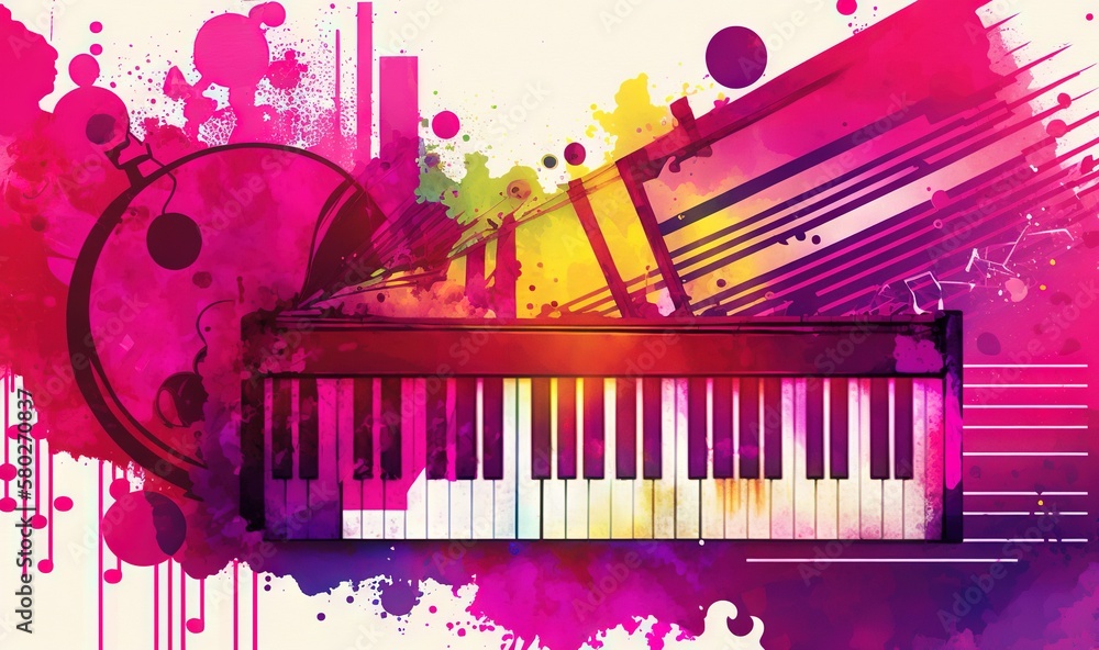 Poster a piano with a colorful background and a grungy design on the top of it, with a splash of paint on t