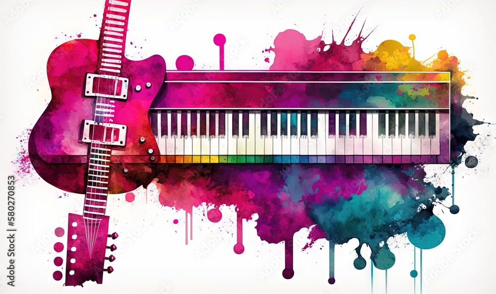 Aufkleber a colorful guitar and a piano with a splash of watercolor paint on the background of the image is is