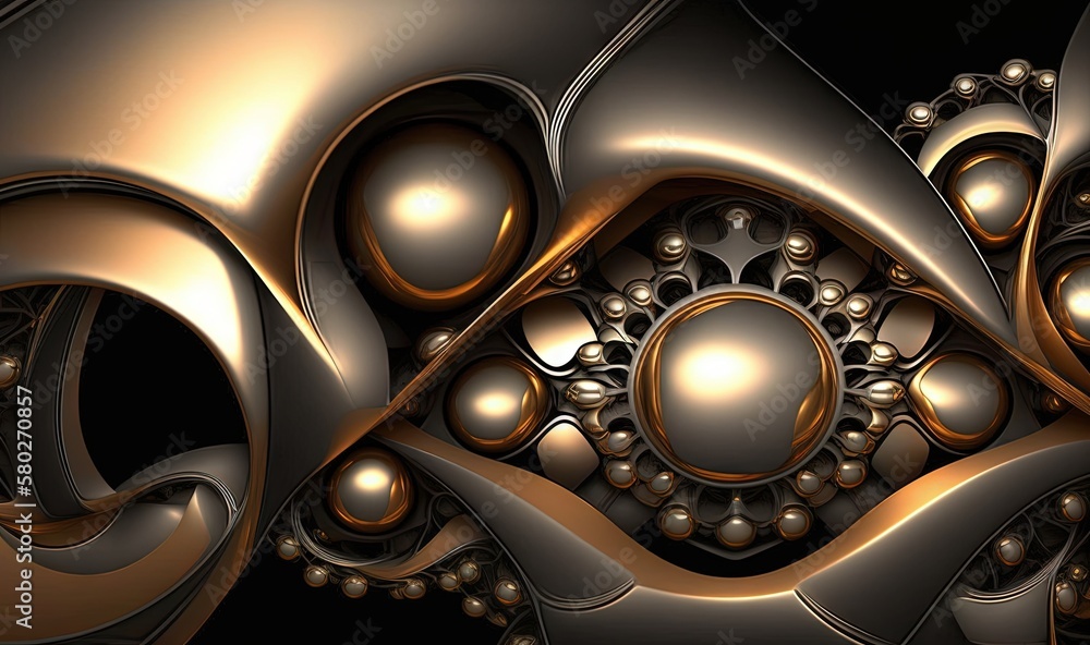 Poster  a computer generated image of a gold and black background with a circular design in the middle of the image, with a black background with a gold and white circle in the middle.  generative ai