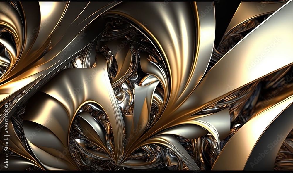 Poster a computer generated image of a gold and silver object with a black background and a black backgroun
