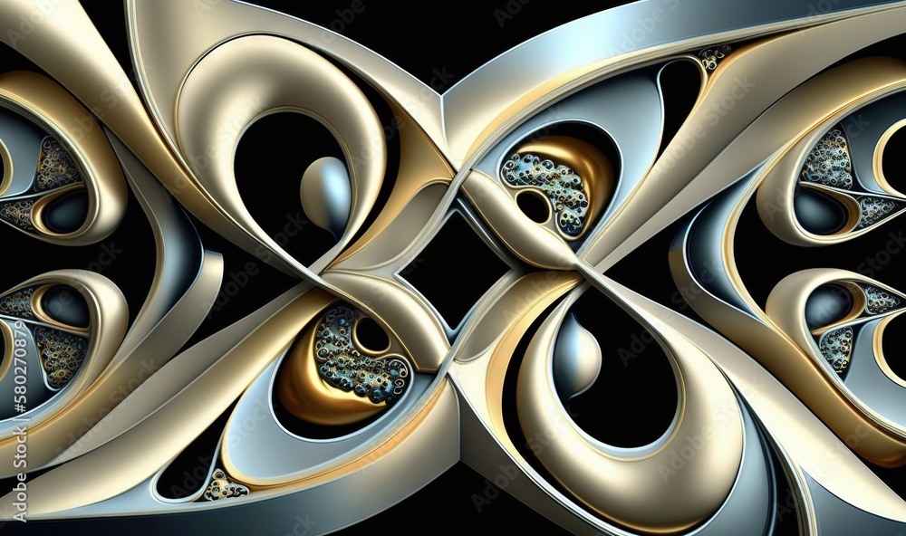 Poster  a computer generated image of an abstract design with gold and silver details and a black background with a black background and a gold and silver design.  generative ai