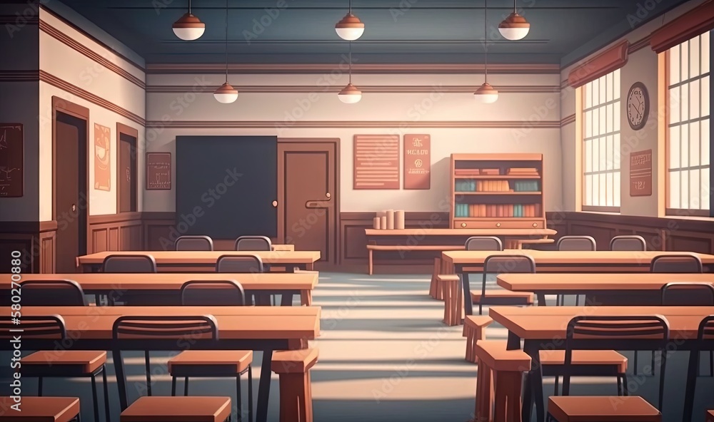 Poster an empty classroom with desks and a clock on the wall and a clock on the wall above the desks and a 