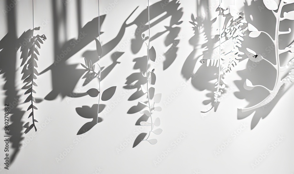 Poster a shadow of leaves on a wall with a clock in the background and a clock hanging from the wall with t