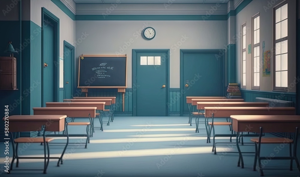 Poster a classroom with desks and a chalkboard in the middle of the room with a clock on the wall and a clo