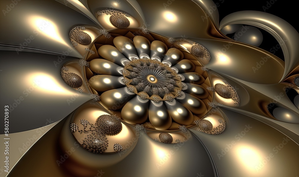 Poster a computer generated image of a gold and silver flower with a black background and a black backgroun