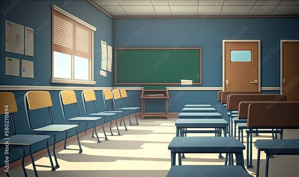 Poster a classroom with rows of desks and a chalkboard in the back of the room with a chalkboard on the wal