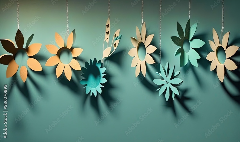 Poster a group of paper flowers hanging from a line of string on a wall with a green background and a shado