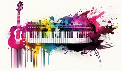  a colorful piano and a guitar are on a white background with a splash of paint on the top of the piano and the bottom of the image is a multicolored piano.  generative ai