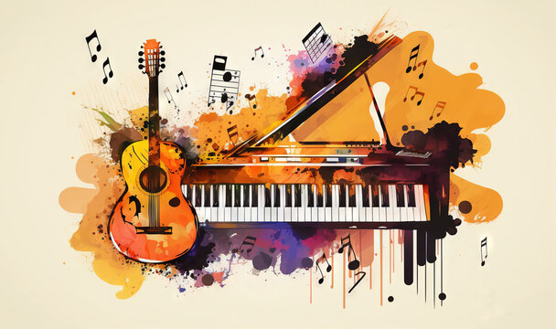  a painting of a piano and a guitar with musical notes on it and a piano keyboard in the foreground with a piano in the background.  generative ai