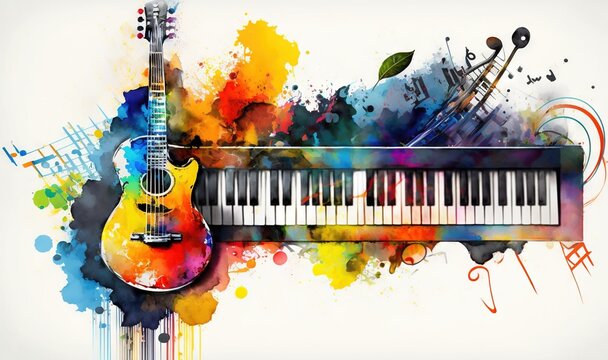  a guitar and musical instruments painted in watercolor on a white background with a splash of paint on the top of the image and the bottom half of the guitar.  generative ai