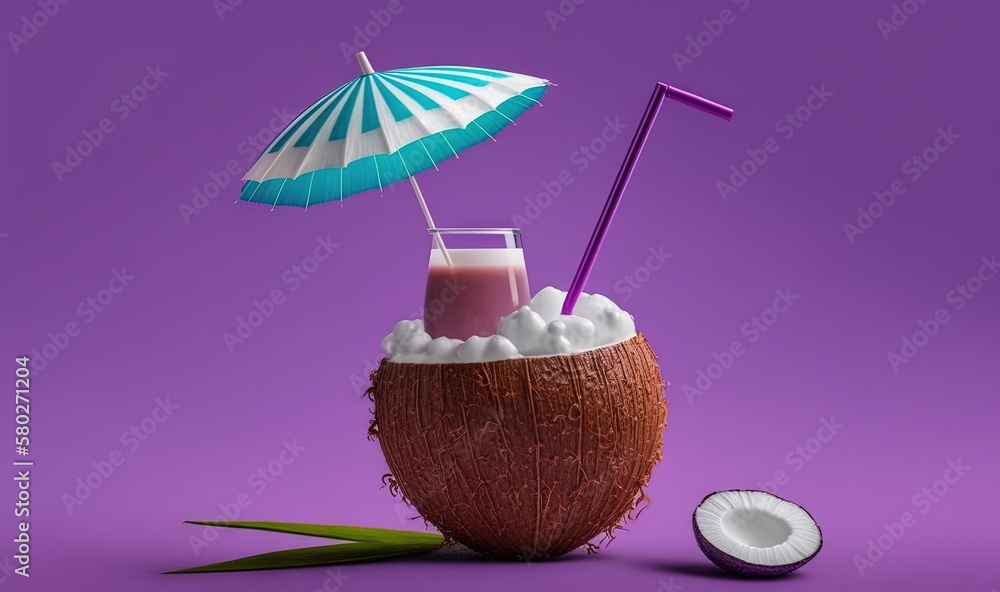 Poster a coconut drink in a coconut shell with a straw and an umbrella on a purple background with a half o