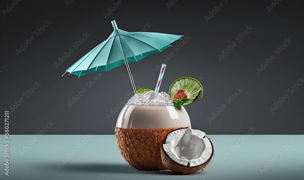 Poster a coconut drink with a straw and an umbrella on a blue table with a gray background with a shadow of