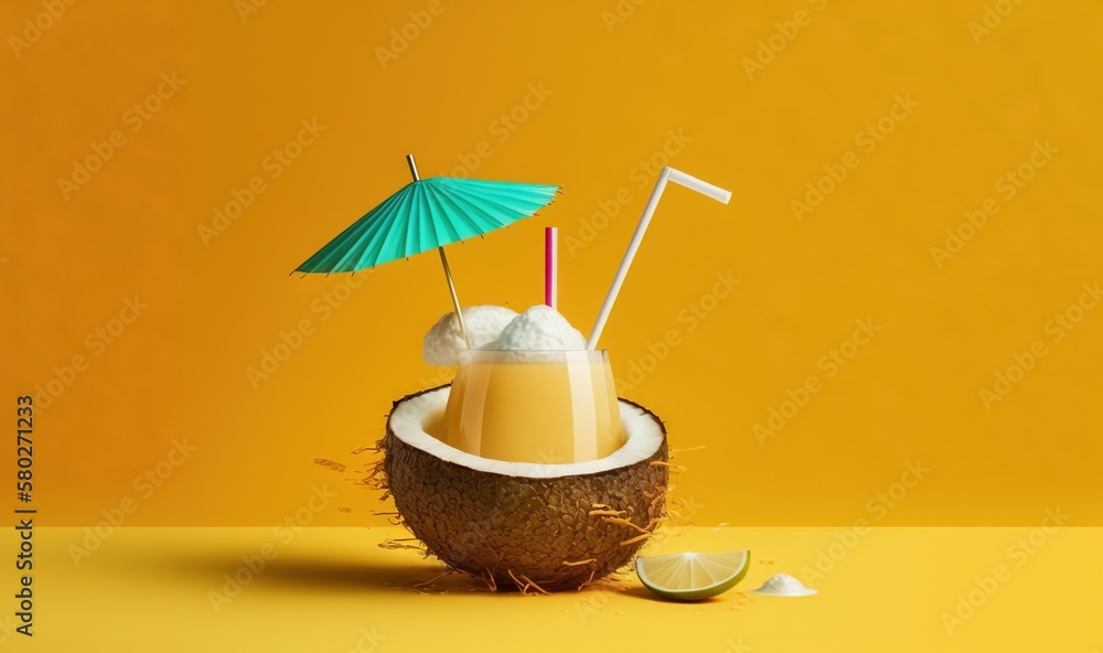 Poster a coconut drink with a straw and a green umbrella on a yellow background with a half of a lime and h
