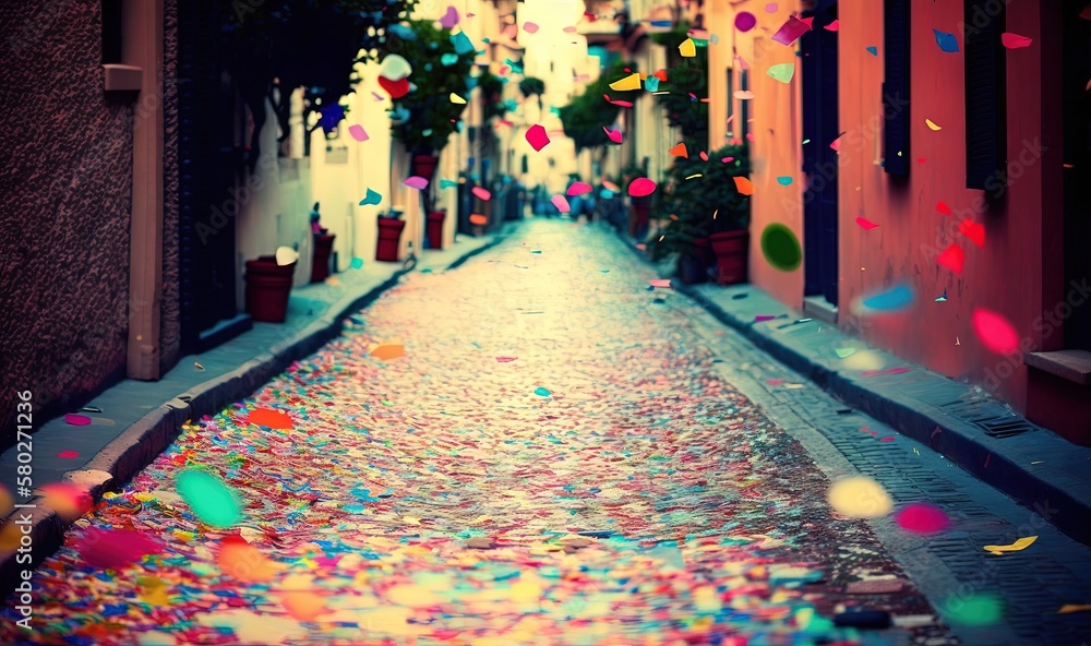 Poster a narrow street with confetti falling down the middle of the street and a row of buildings in the ba