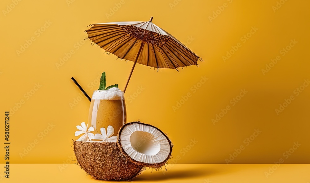 Poster a coconut drink in a coconut shell with a straw and an umbrella on a yellow background with a shadow