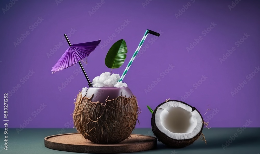 Poster a purple background with a coconut and two straws and a drink in a coconut shell with a straw and a 