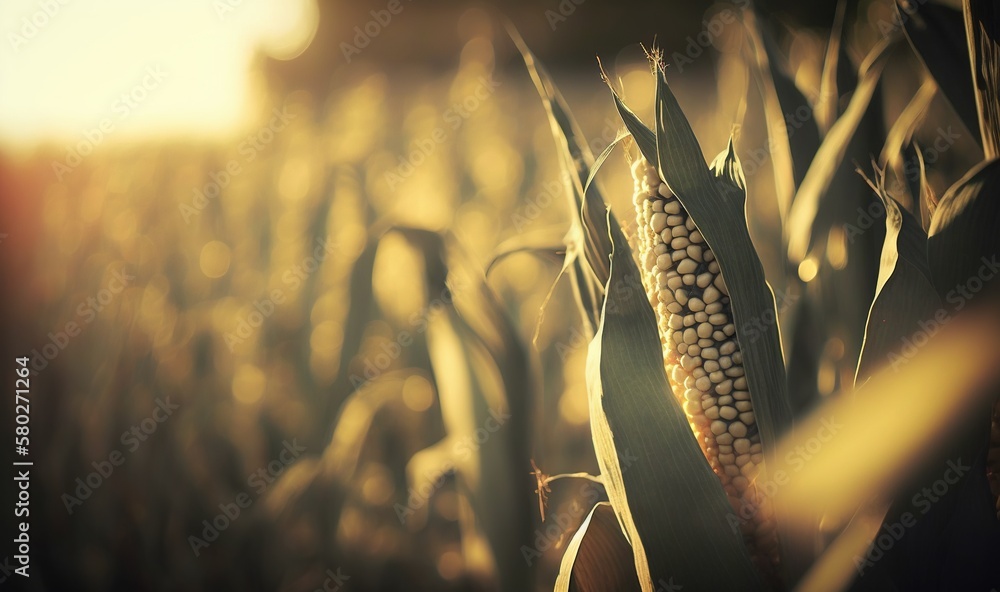 Poster a close up of a corn cob in a field of corn with the sun shining on it's leaves and the corn in the 