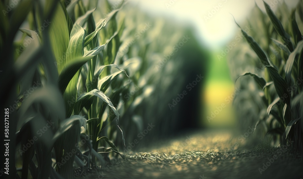 Poster a corn field with a path leading to a green field with trees in the background and a blurry image of