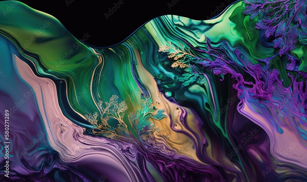 Poster an abstract painting with a black background and purple and green colors on the bottom of the image 