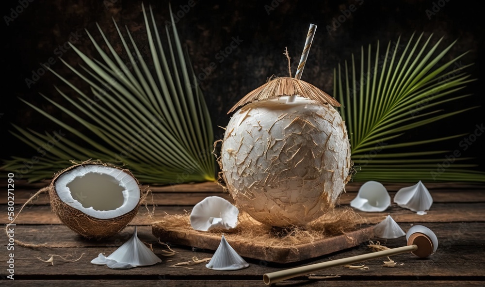 Poster a coconut and some other items on a wooden table with palm leaves and a stick of toothpicks in the f