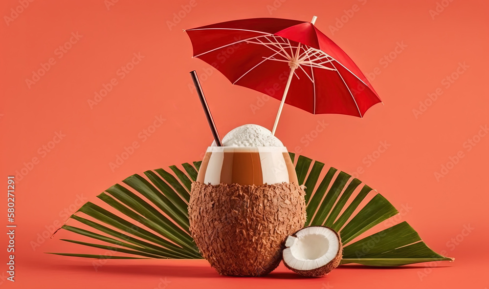Poster a coconut drink with an umbrella and a coconut shell on a pink background with a palm leaf and a coc