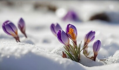  a group of purple flowers sitting on top of a snow covered ground with snow on the ground and grass sticking out of the snow covered ground. generative ai