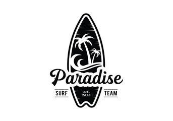 Surf board with ocean wave and sun for summer beach surfing holiday vacation logo