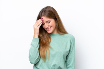 Fototapeta premium Young caucasian woman isolated on white background laughing