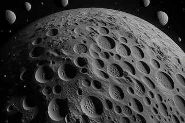Fototapety  Intricate texture of the moon's surface seen up close. Planetary pattern consisting of craters, rocks, and furrows, tileable in greyscale. Wallpaper depicting an astronomical theme or the cosmos as a