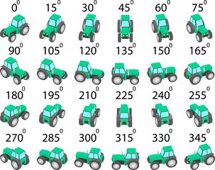 A set of 24 tractors from different angles. Rotation of the cab tractor by 15 degrees for animation and video games.