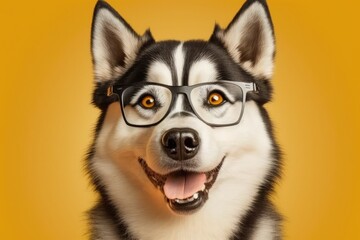 On a sunny yellow background, a husky dog wears a pair of glasses and grins widely. Banner with an idea for going back to school. Generative AI