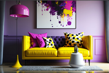 Modern living room interior with yellow sofa and purple accessories. Generative AI illustration