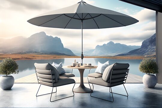 modern steel and glass table set with grey cushions and a sleek white umbrella, overlooking a lake or a mountain view (AI Generated)