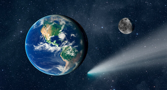 Comet on the space Planet Earth in the background 