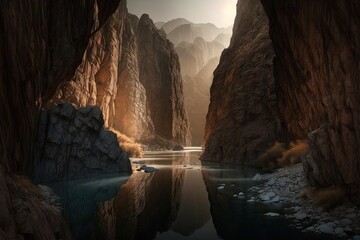 Morning light in a foreboding gorge. The Karasu River carved out the Dark Canyon in the Munzur Mountains of Erzincan province's Kemaliye district. Turkey. Generative AI