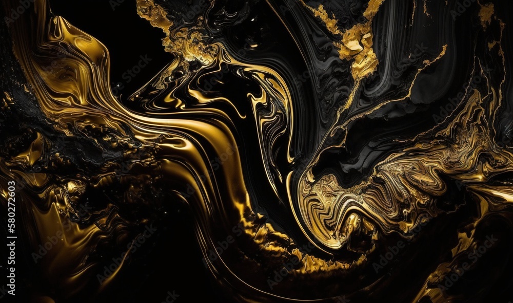 Poster a black and gold abstract background with swirls and curves in the center of the image and a black b