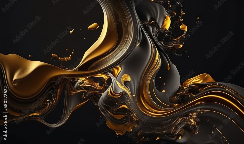 Poster a black and gold abstract background with a wavy pattern of liquid and liquid drops on a black backg