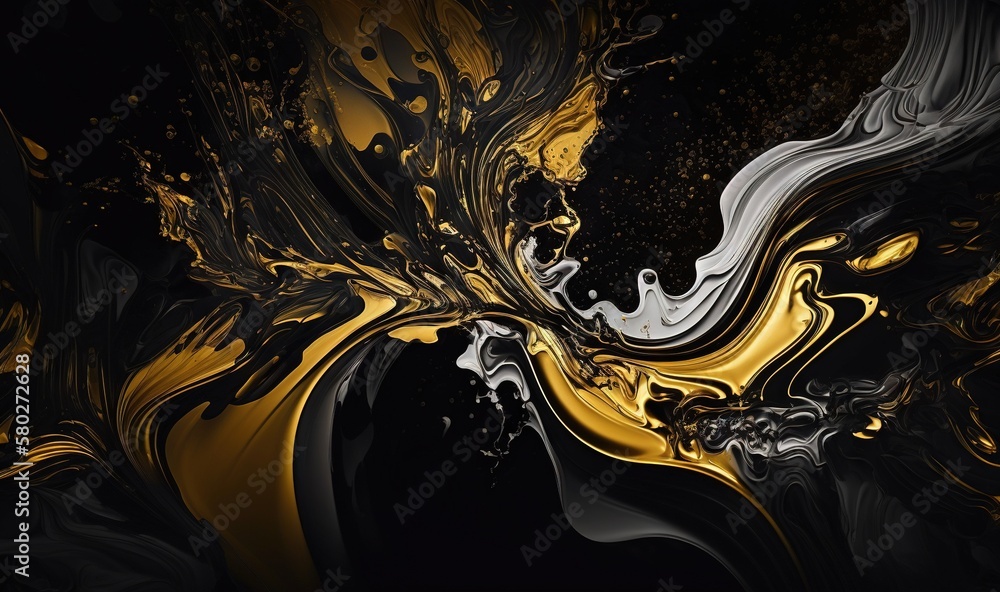 Poster a black and gold abstract painting with a black background and white and gold swirls on the bottom o