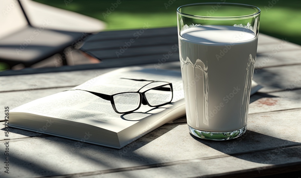 Poster a book and a glass of milk on a table outside with a book on the table and a chair in the back groun
