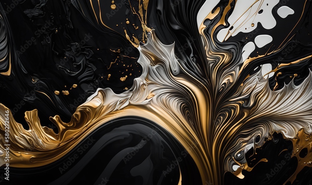 Poster a black and gold abstract painting with white and gold swirls on the bottom of the image and the bot