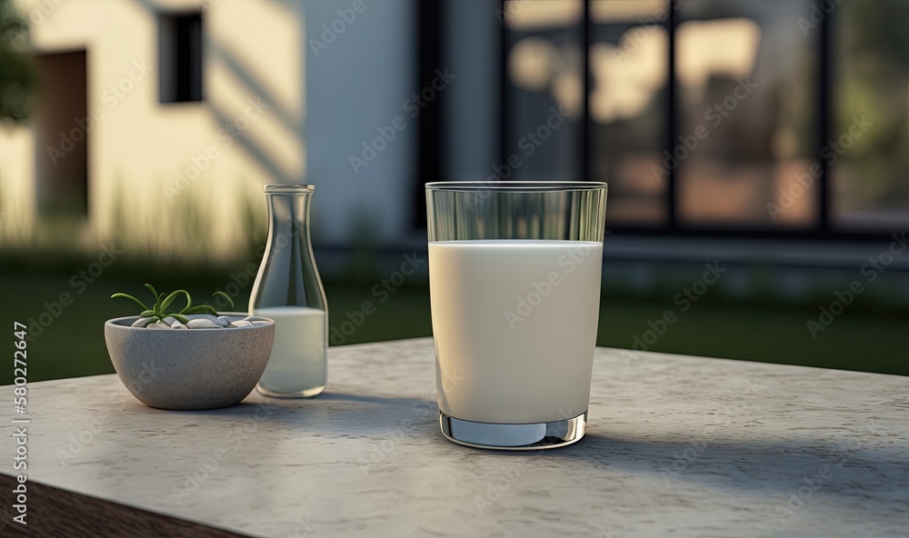 Poster a glass of milk and a bottle of milk on a table outside a house with a window in the background and 