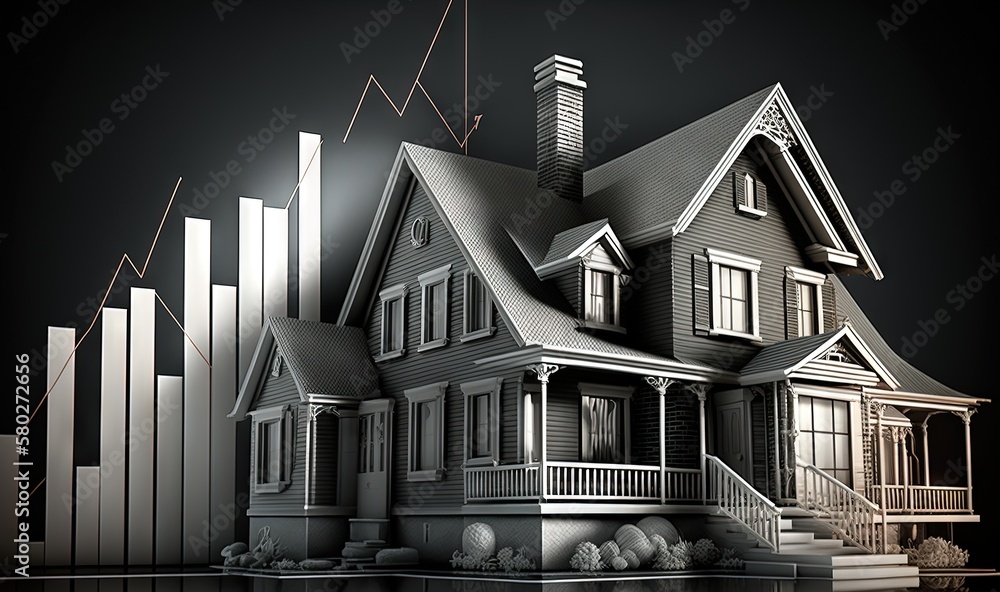 Poster a house with a bar chart in the background and a clock tower in the foreground with a dark sky and a