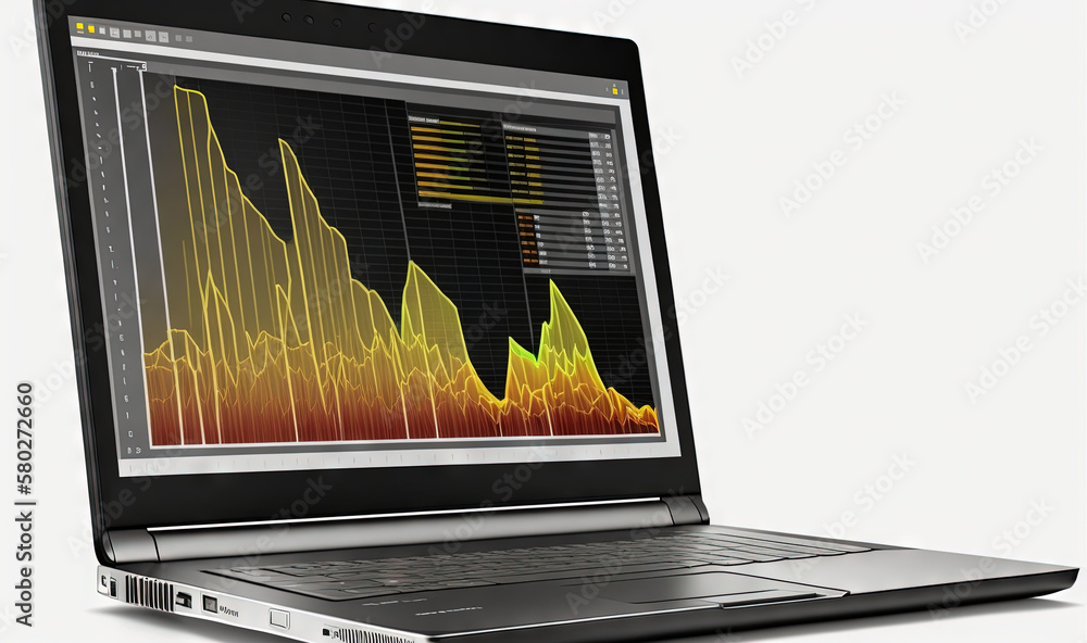 Poster a laptop with a chart on the screen and a bar chart on the screen on top of the laptop is a bar char