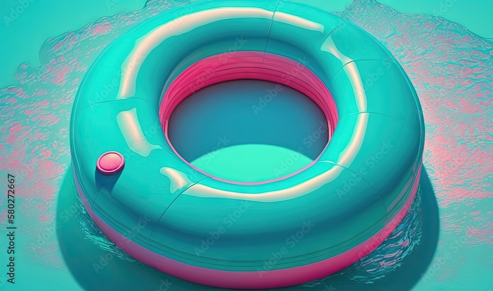 Poster an inflatable tube floating in the water on top of a blue surface with a pink circle on top of the i