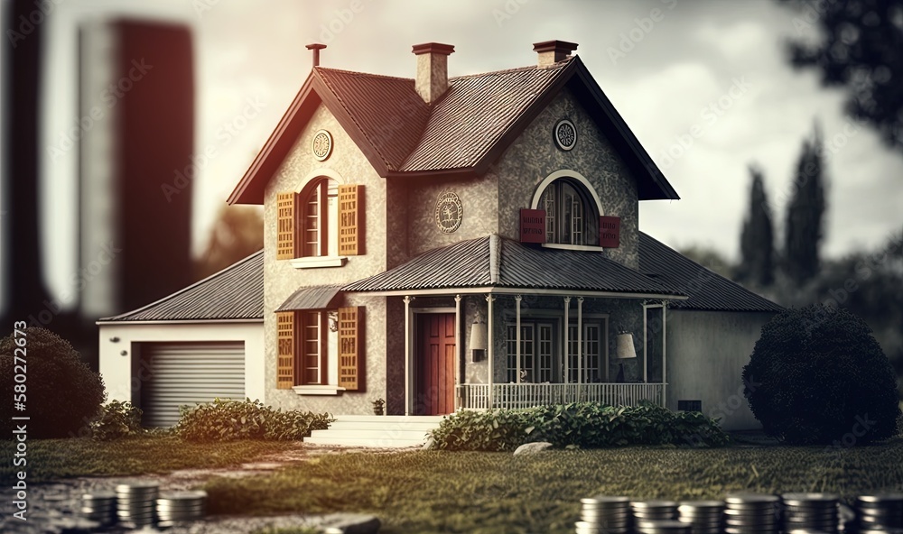 Poster a house with a lot of windows and a lot of bushes in front of it and a lot of coins in front of the 