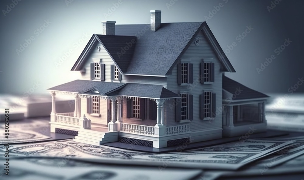 Poster a model house sitting on top of a pile of dollar bills in front of a blue background with a dark sky